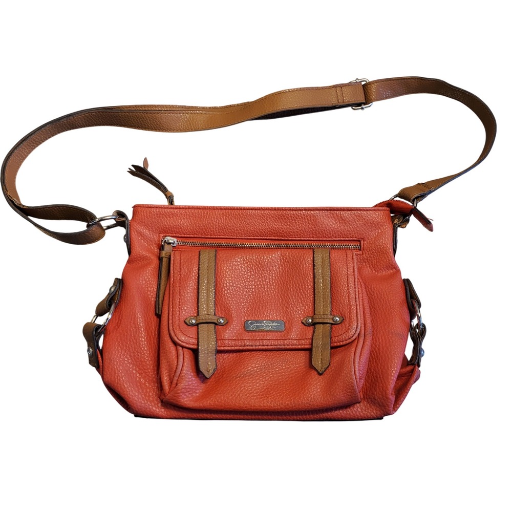 Jessica Simpson Orange Pebbled Faux Leather Crossbody Bag with Tan Trim